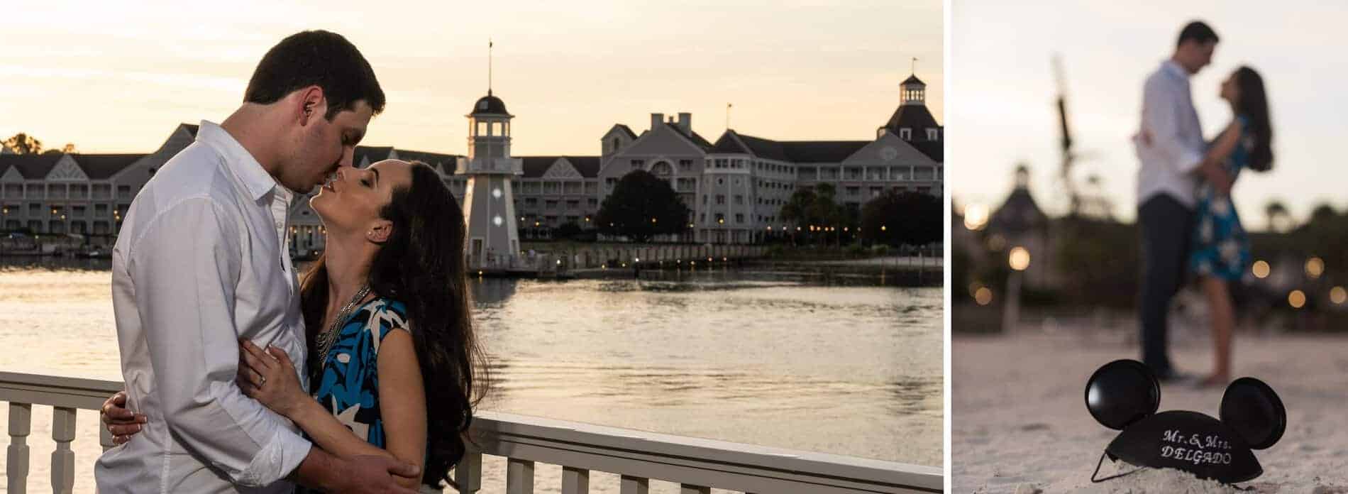 Couple at sunset in front of bay at Disney Boardwalk