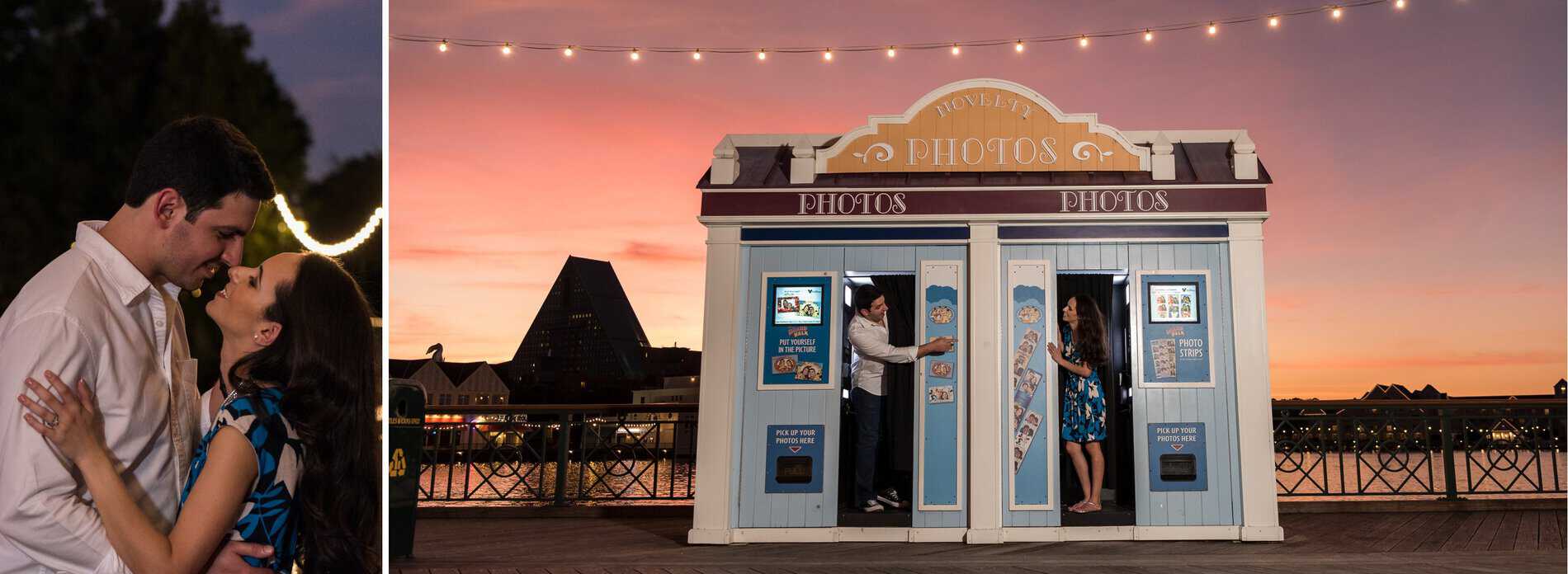 Couple at the Photo Booth during sunset at Disney Boardwalk
