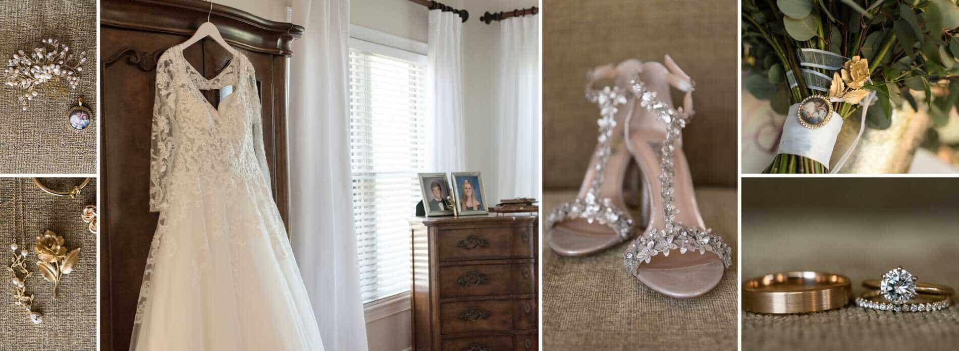 Wedding shoes, dress, rings and flowers