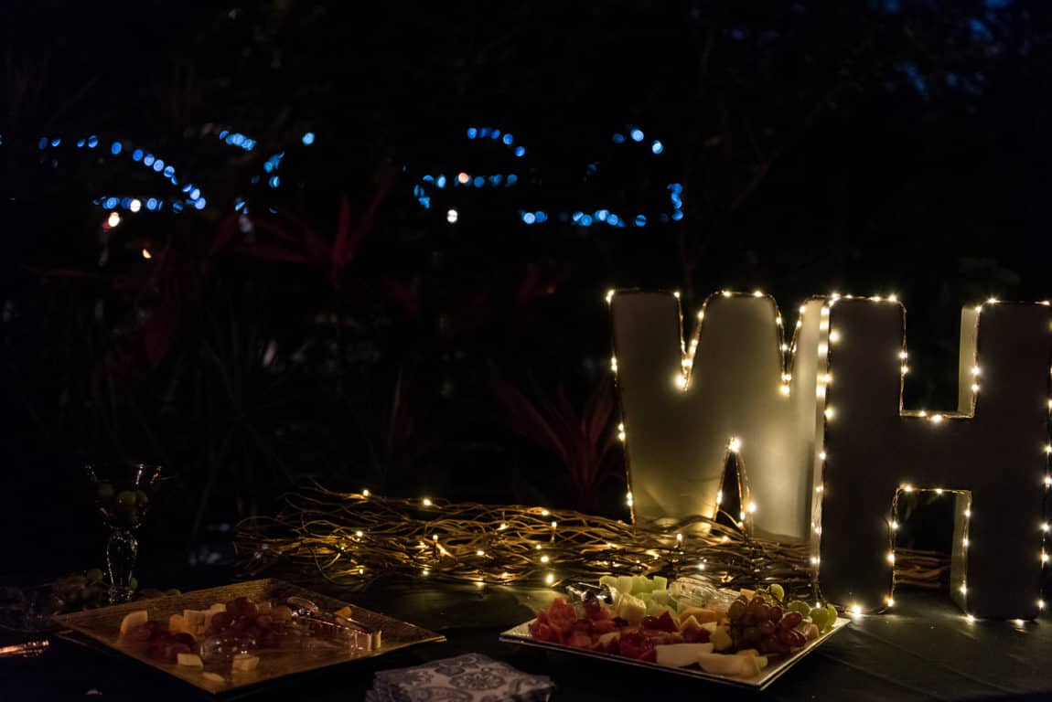 Nighttime outdoor wedding reception details